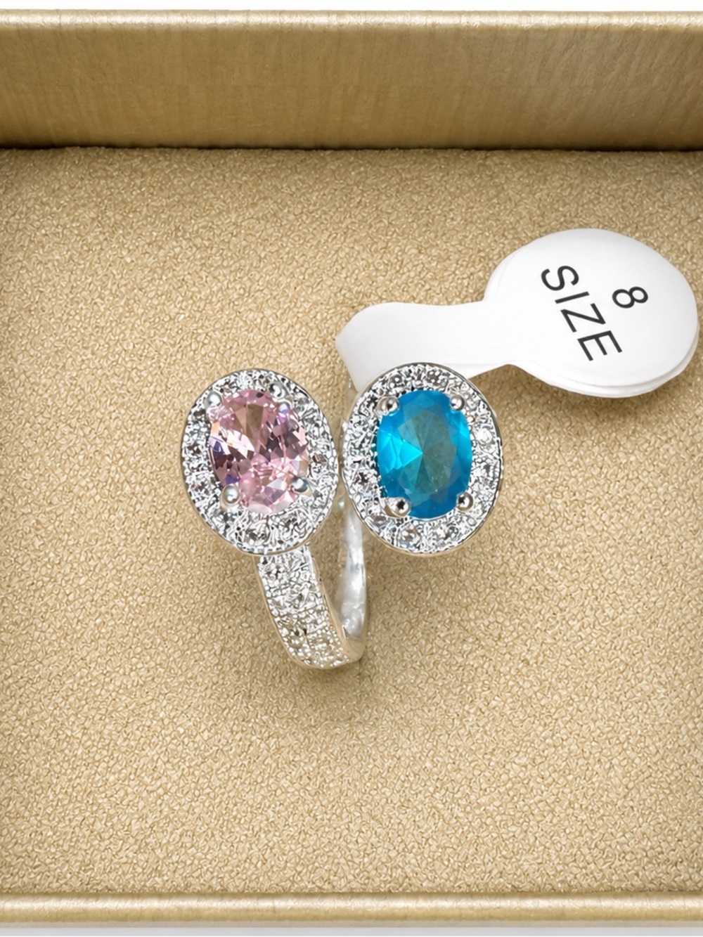 Silver Tone Dual Halo Pink & Blue CZ Open Ring Size 8 | Statement Ring